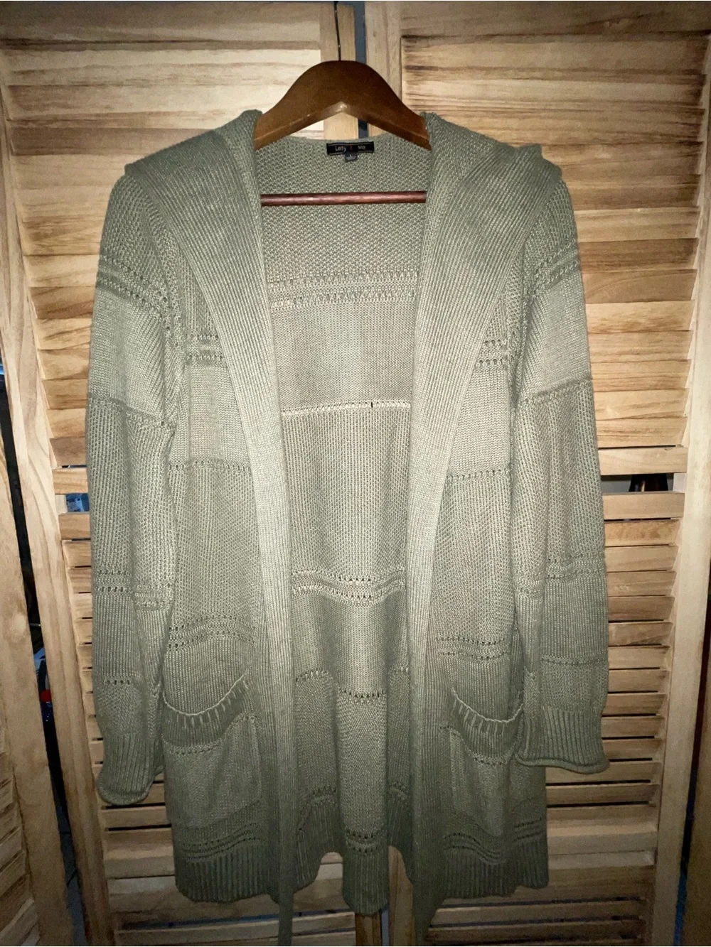 Lety & Me Sage Green Hooded Open Front Knit Cardigan Sweater Large Sustainable